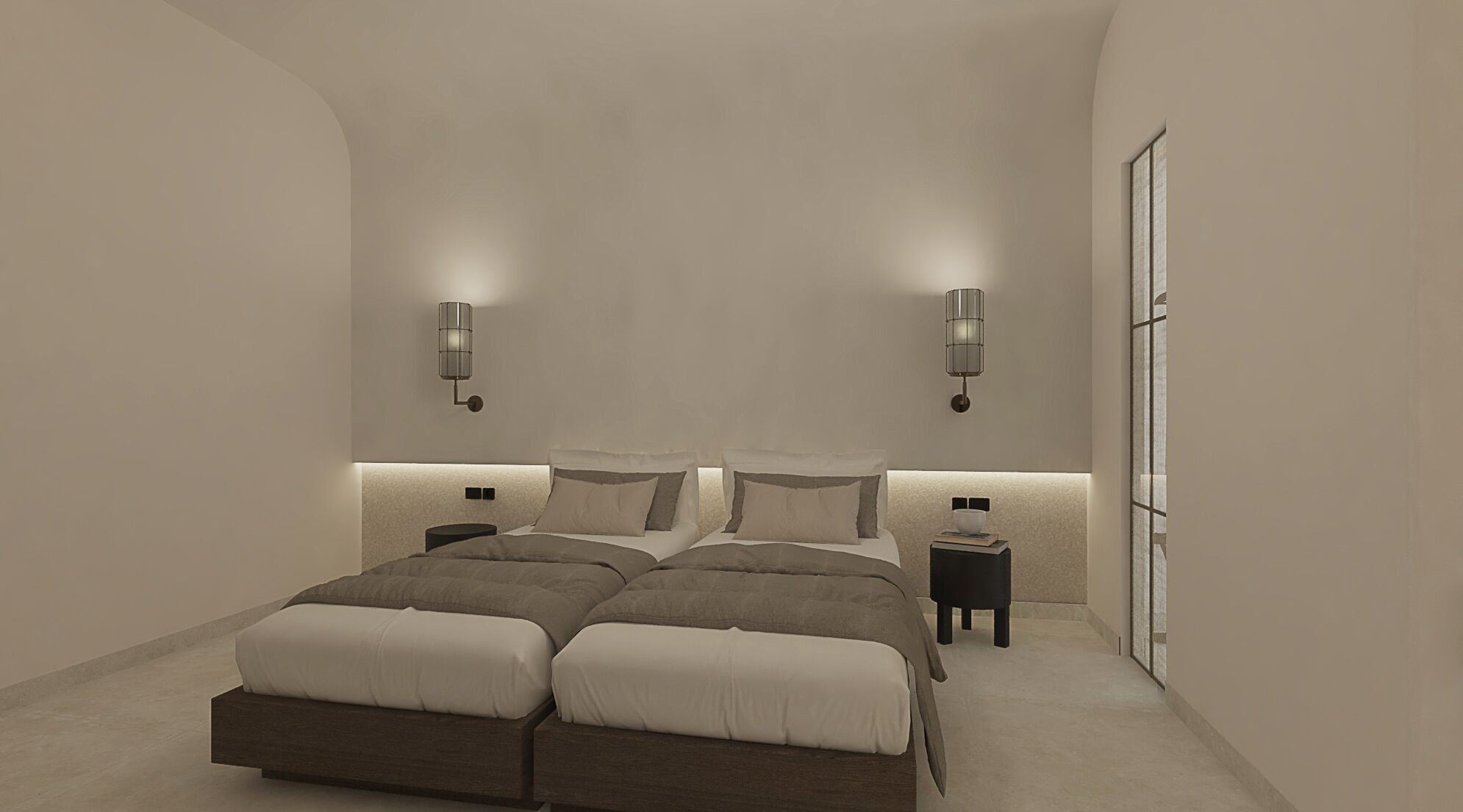 A modern bedroom with a large bed, two bedside tables, wall-mounted lighting, and a view of the outside.