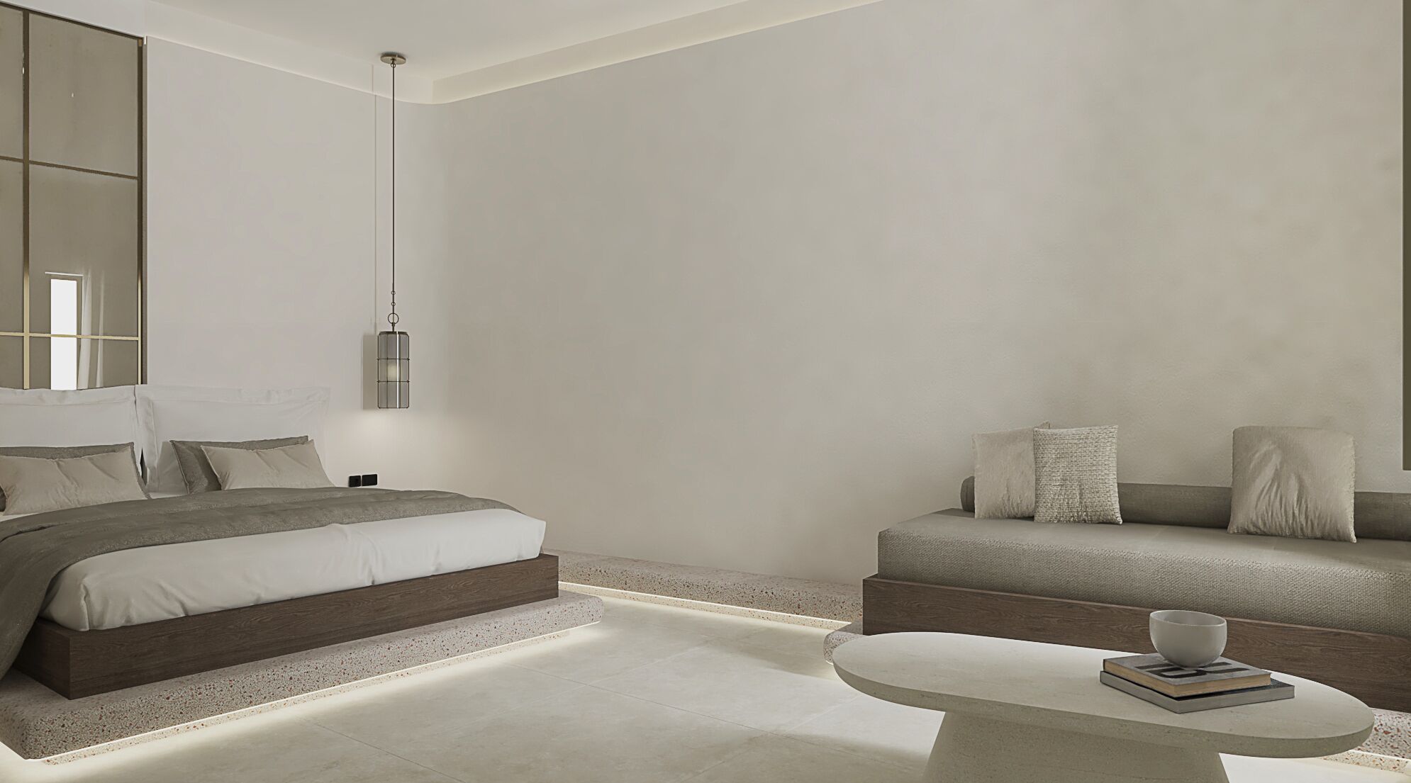 A modern bedroom with a bed, a sofa, and a small table with a book and a bowl.