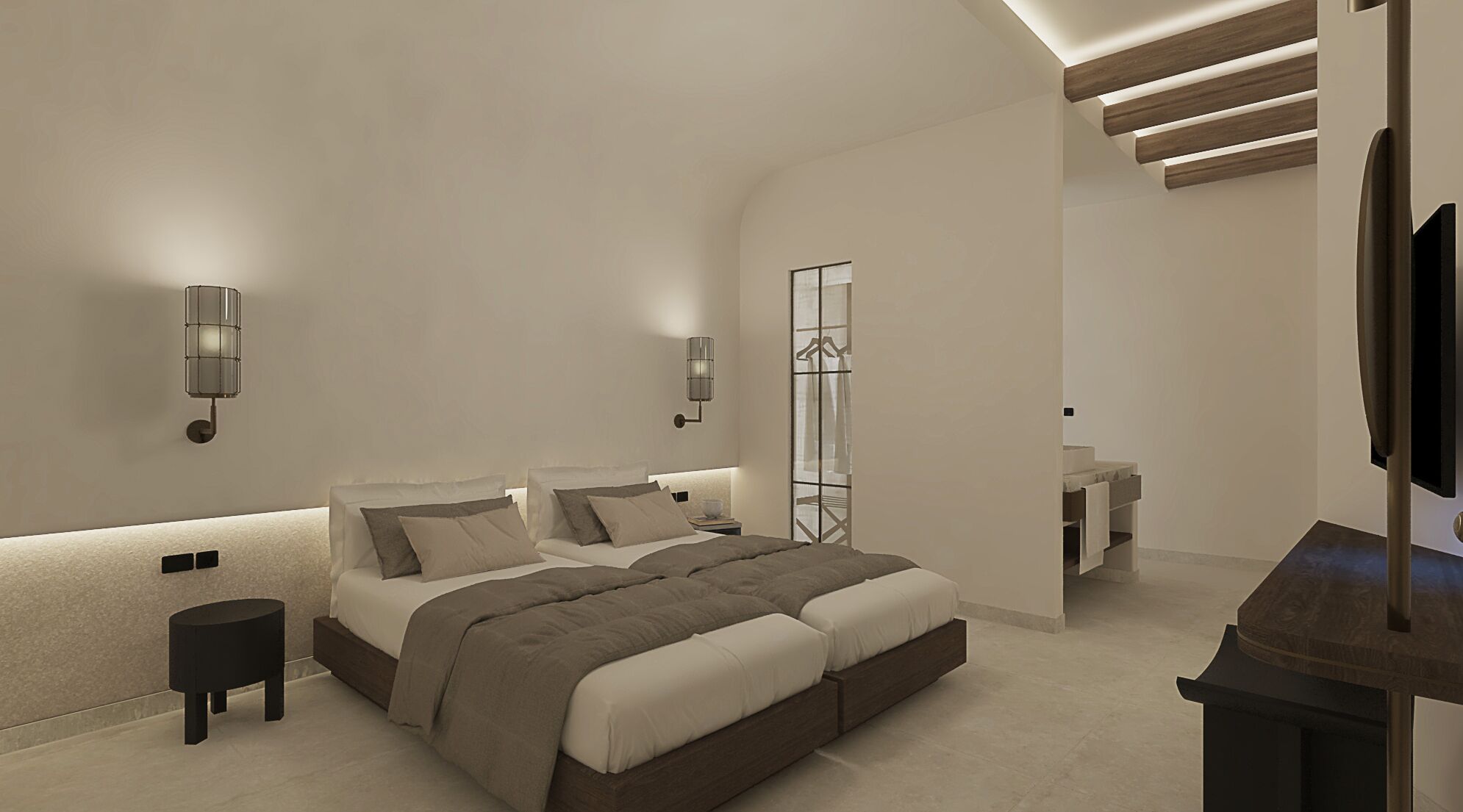 A modern bedroom with a large bed, bedside tables, a TV, and a walk-in closet.