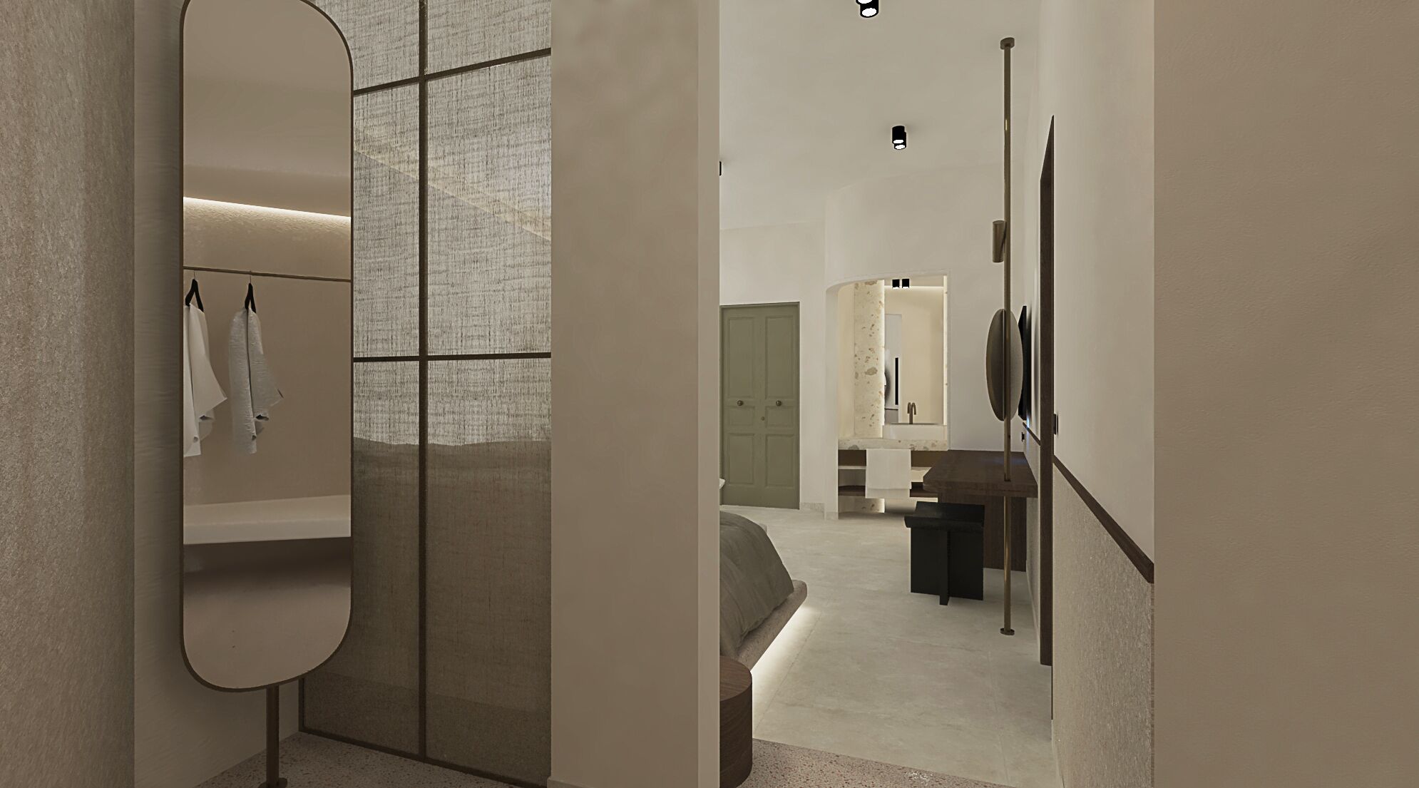 Une salle de bain moderne avec un grand miroir, un porte-serviettes et un lavabo.