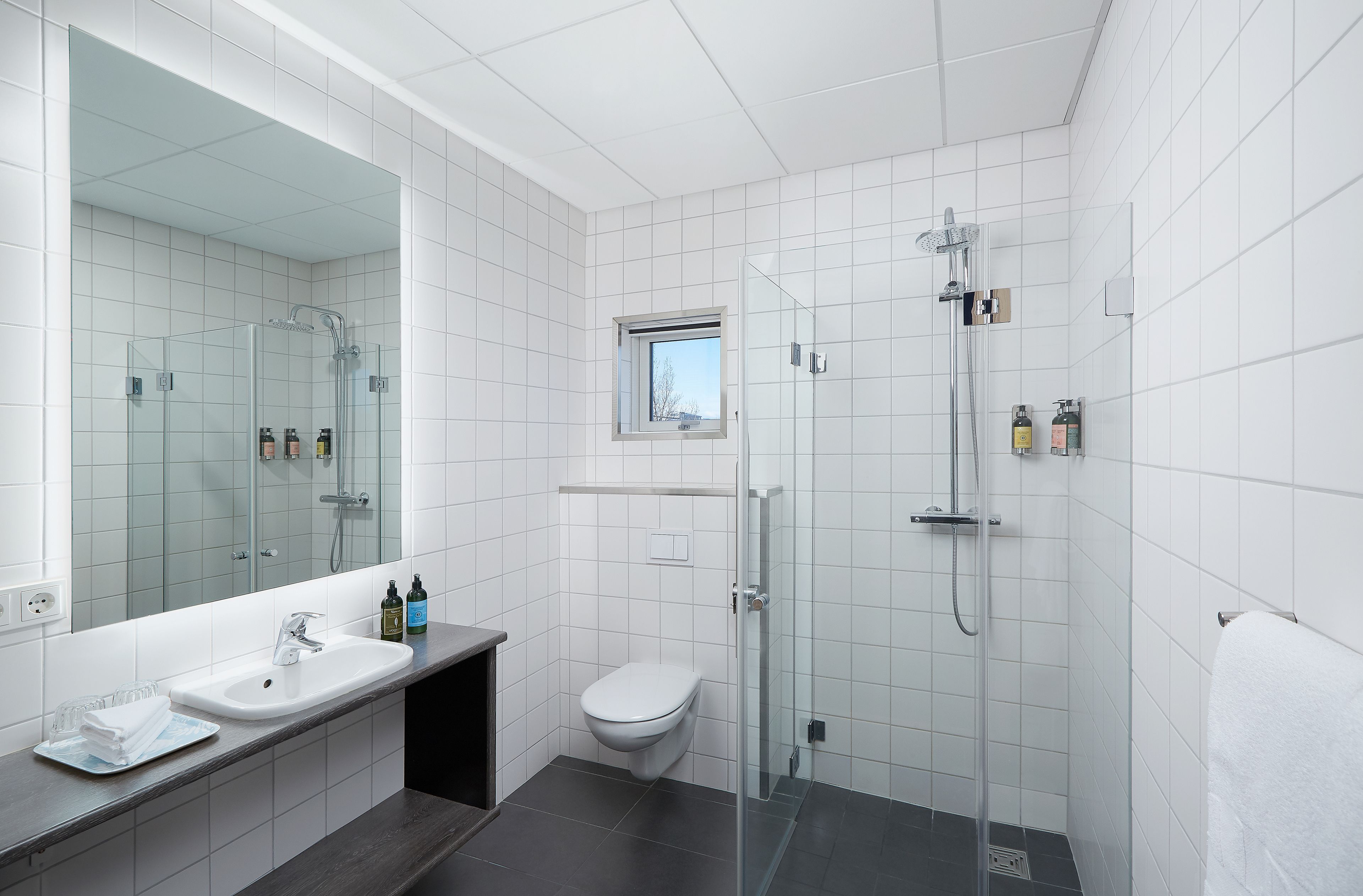 shower, designer toiletries, hair dryer, bathrobes