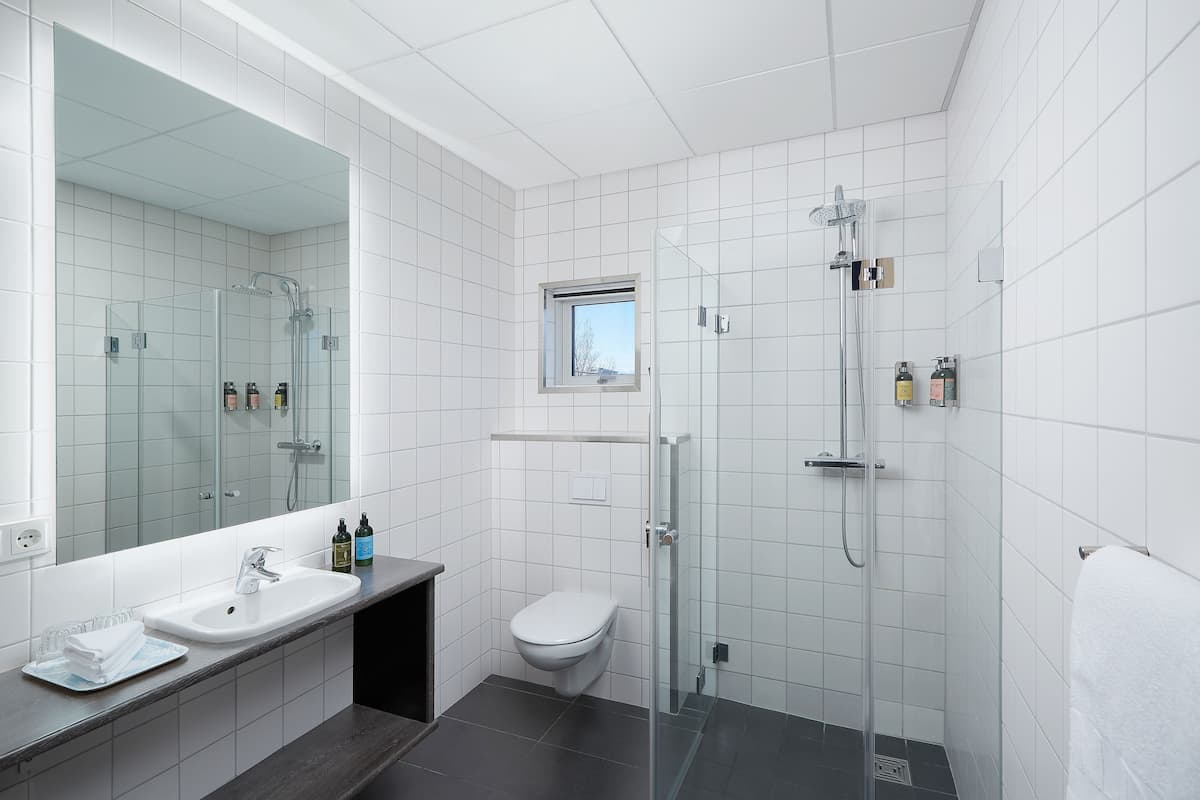 shower, designer toiletries, hair dryer, bathrobes