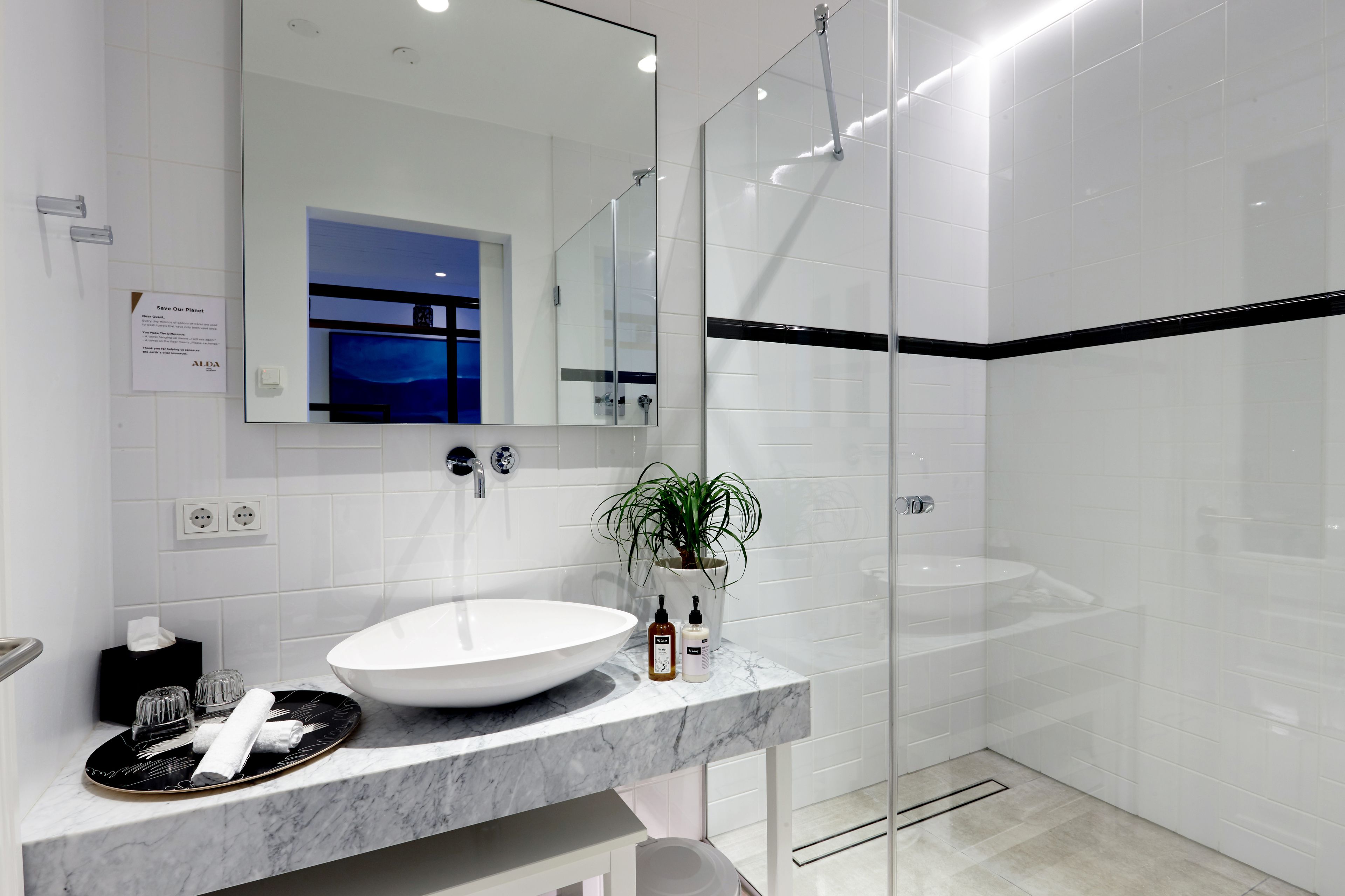 shower, designer toiletries, hair dryer, bathrobes