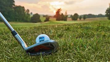 Un palo de golf sobre un campo cubierto de césped, una pelota de golf y una puesta de sol al fondo.