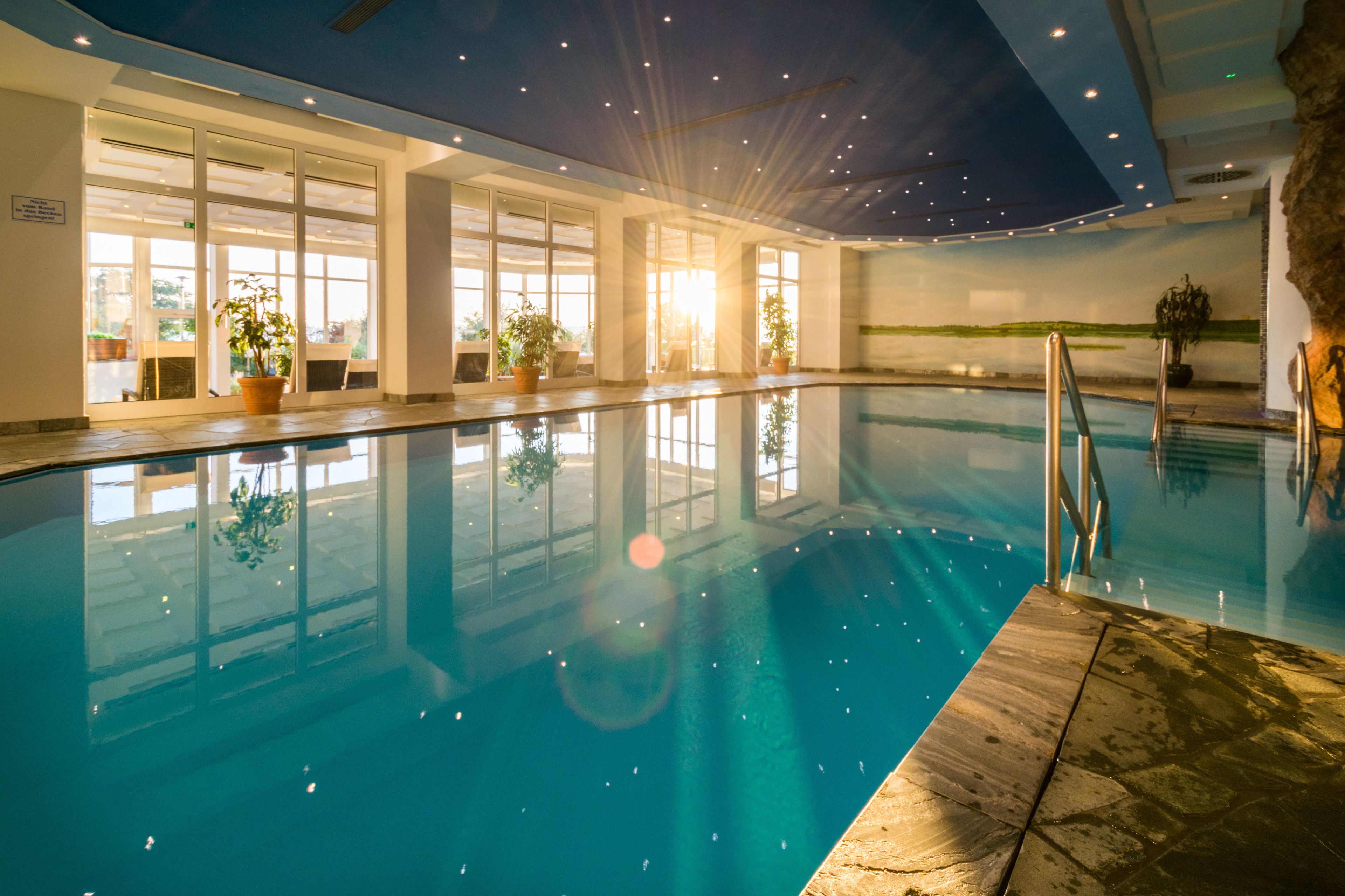 indoor pool, seasonal outdoor pool, pool loungers