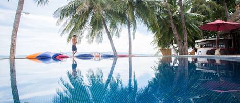 Outdoor pool, pool umbrellas, pool loungers