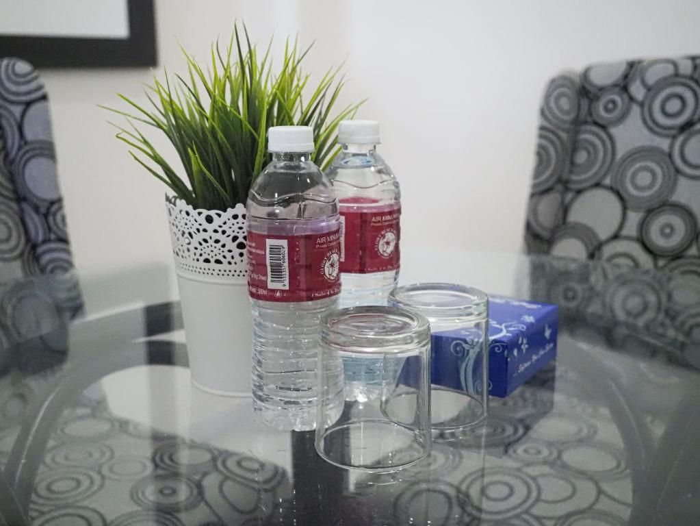 Una mesa de vidrio con una planta en maceta, dos botellas de agua y un caja azul.