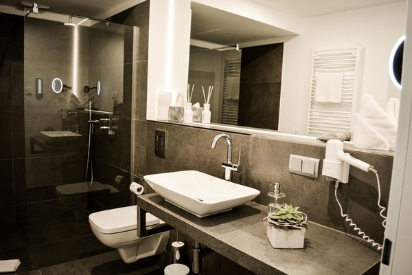 Shower, rainfall showerhead, eco-friendly toiletries, hair dryer