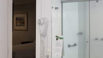 Shower, free toiletries, hair dryer, towels