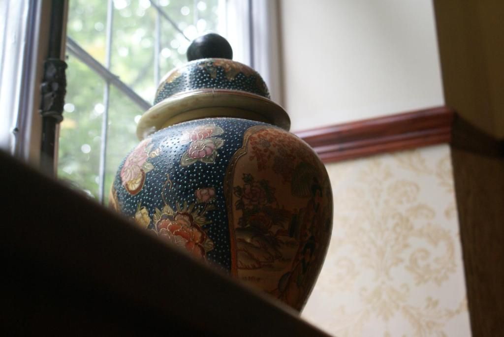 A decorative ceramic pot with floral patterns, positioned near a window with a view of greenery outside.