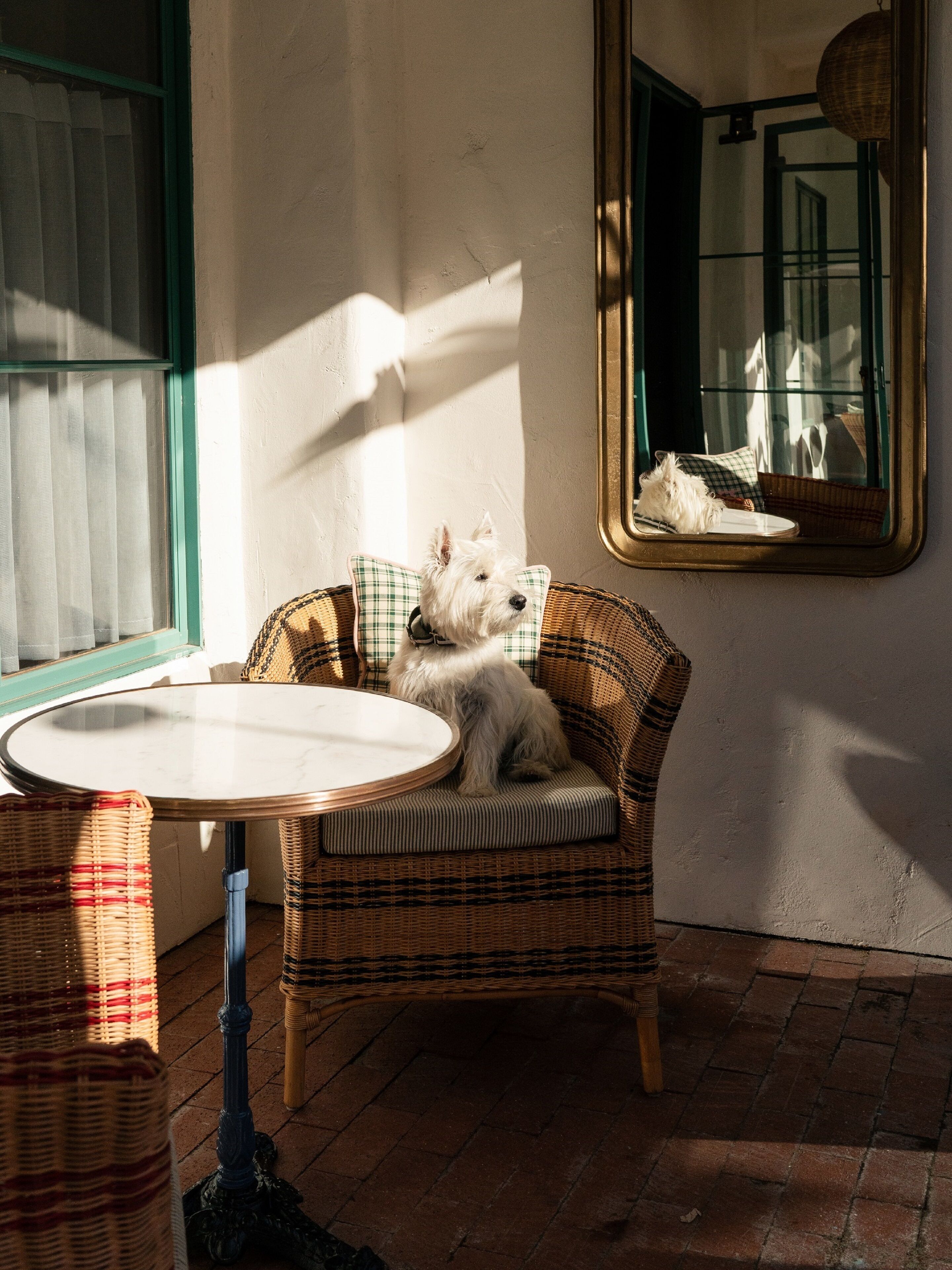 A small wicker chair with a cushion, a round table, and a mirror on a tiled floor.