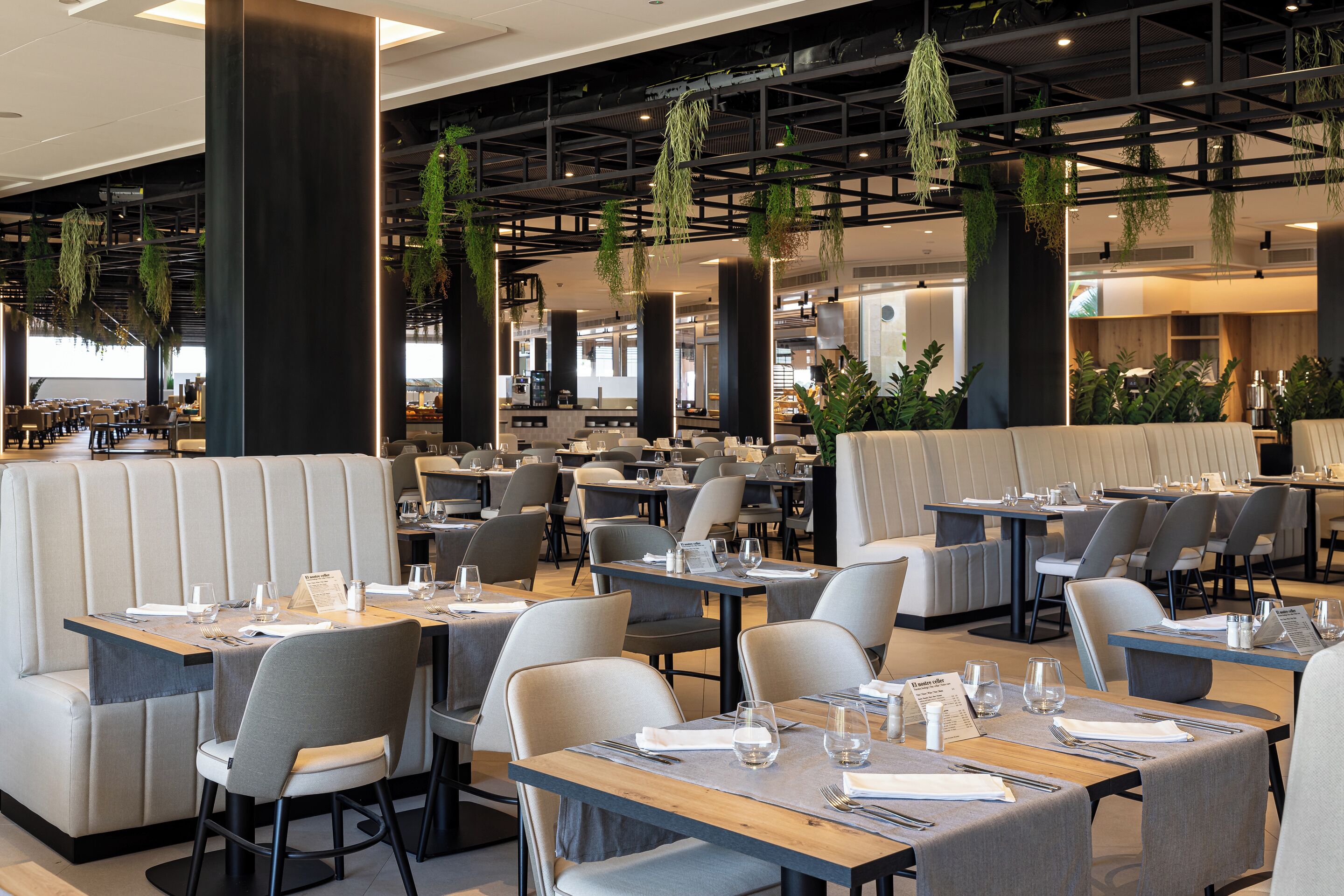 A modern restaurant with booth seating, tables, and hanging plants.