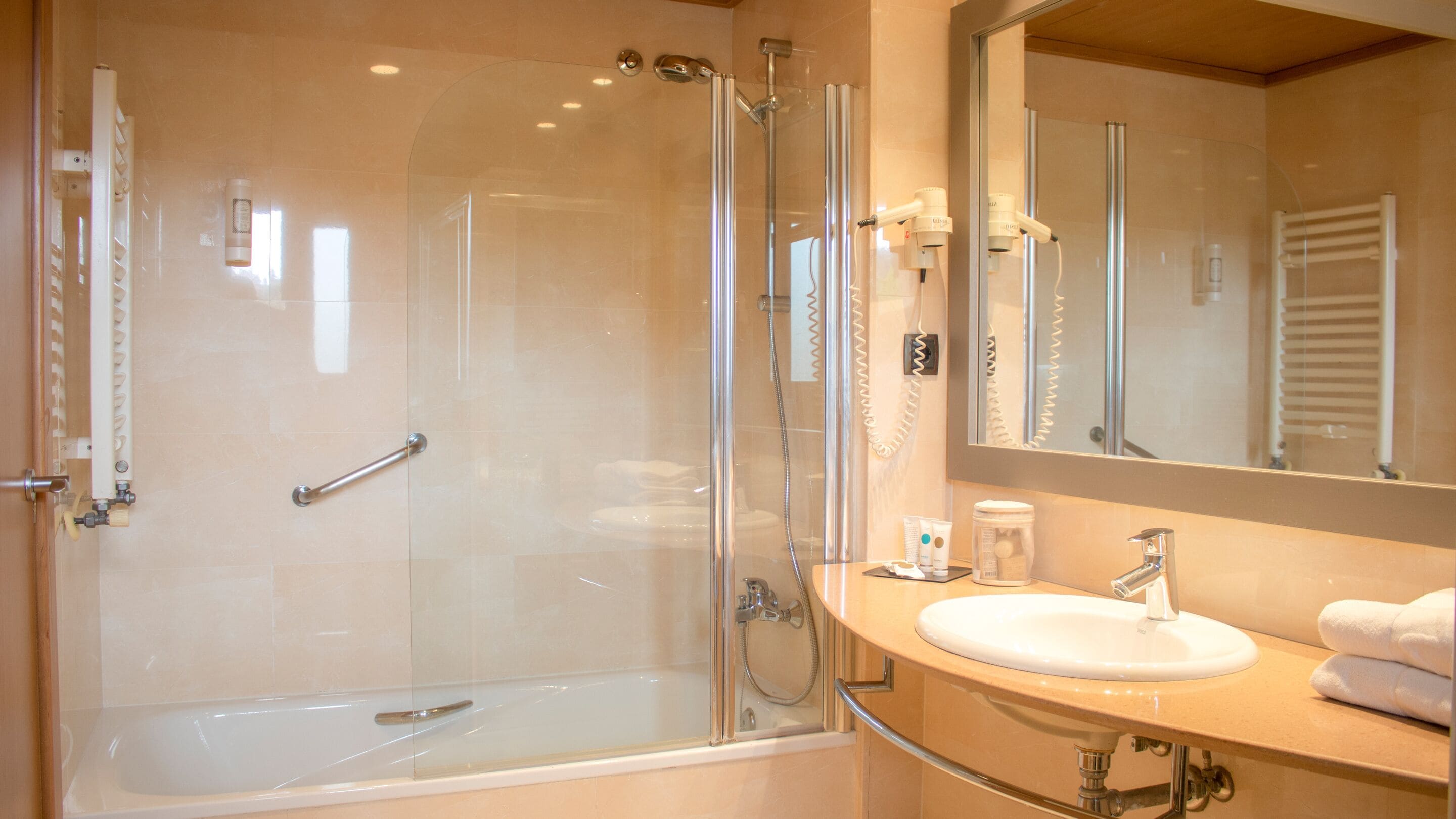 shower, hair dryer, bidet, towels