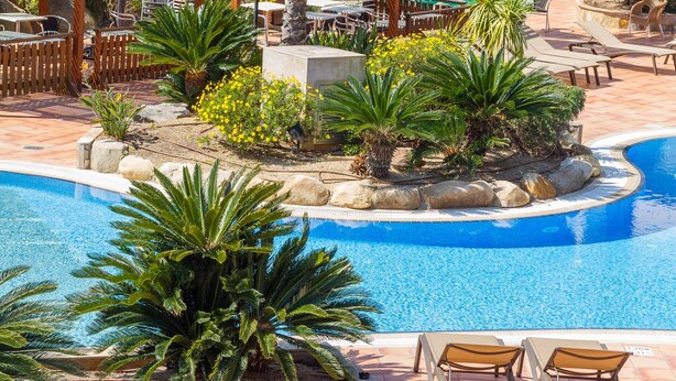 Zona de piscina con sillones de descanso, una pérgola y diversas plantas.