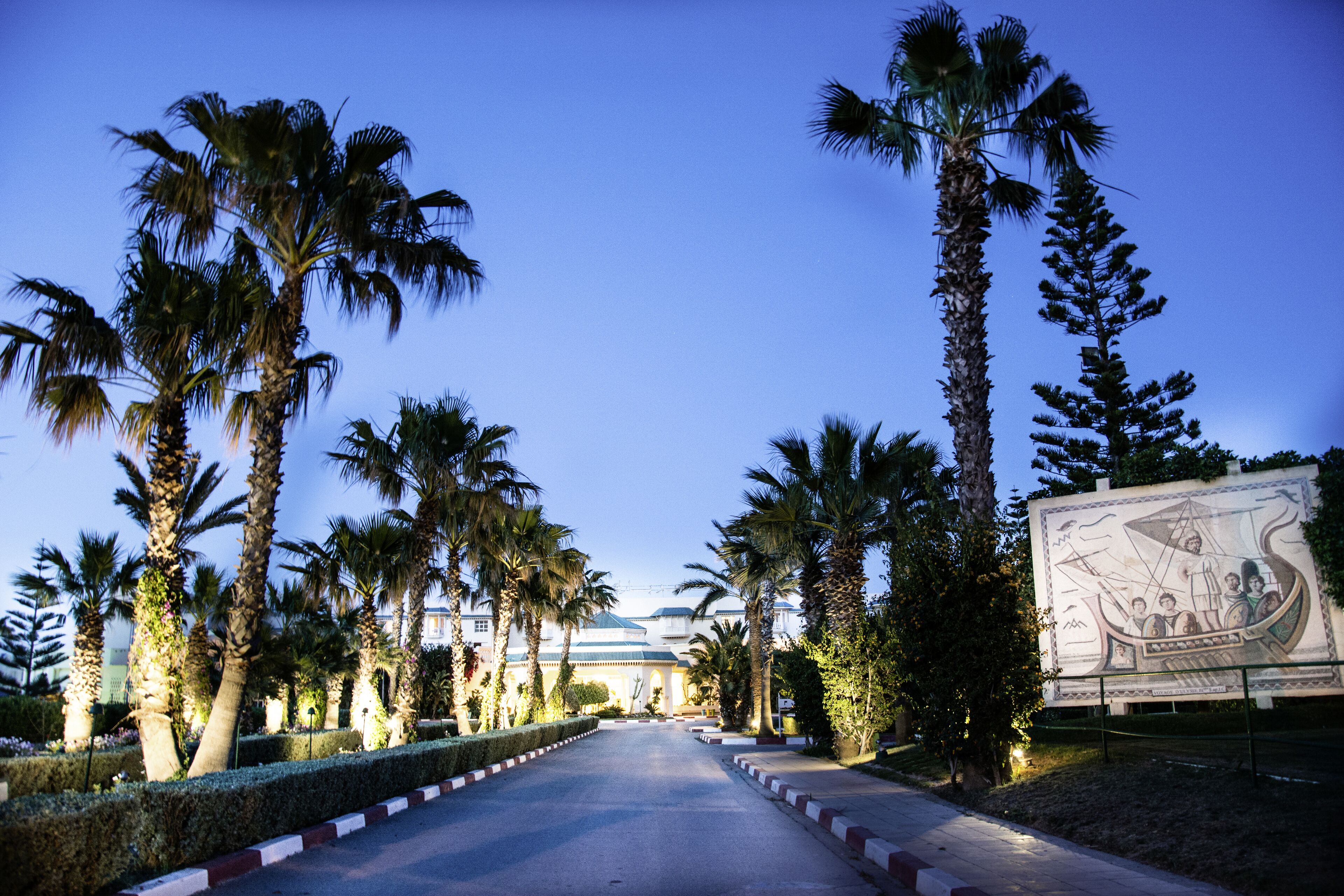 A pathway lined with palm trees and a large mural on the right.