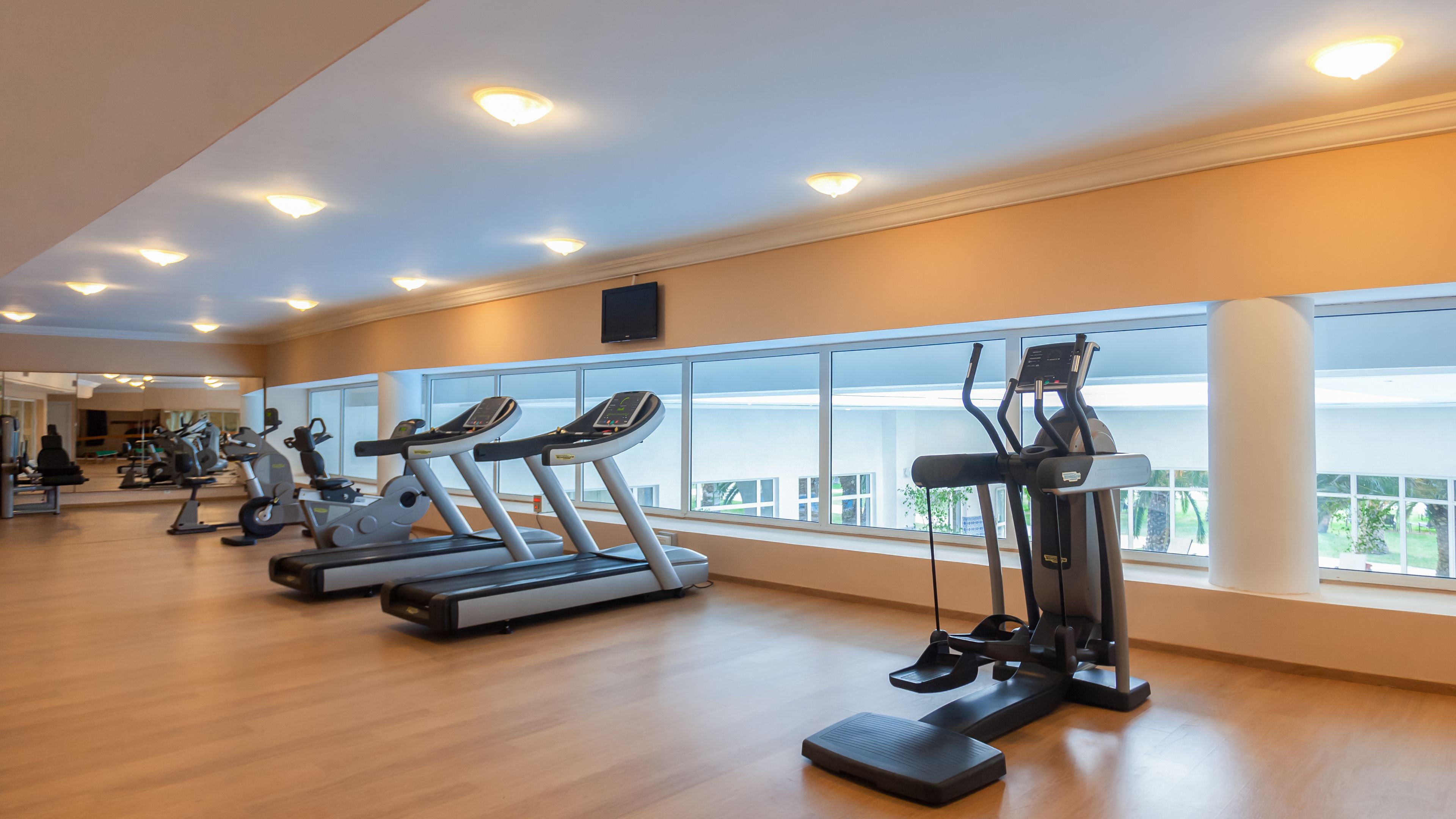 A gym with treadmills, ellipticals, and a rowing machine.