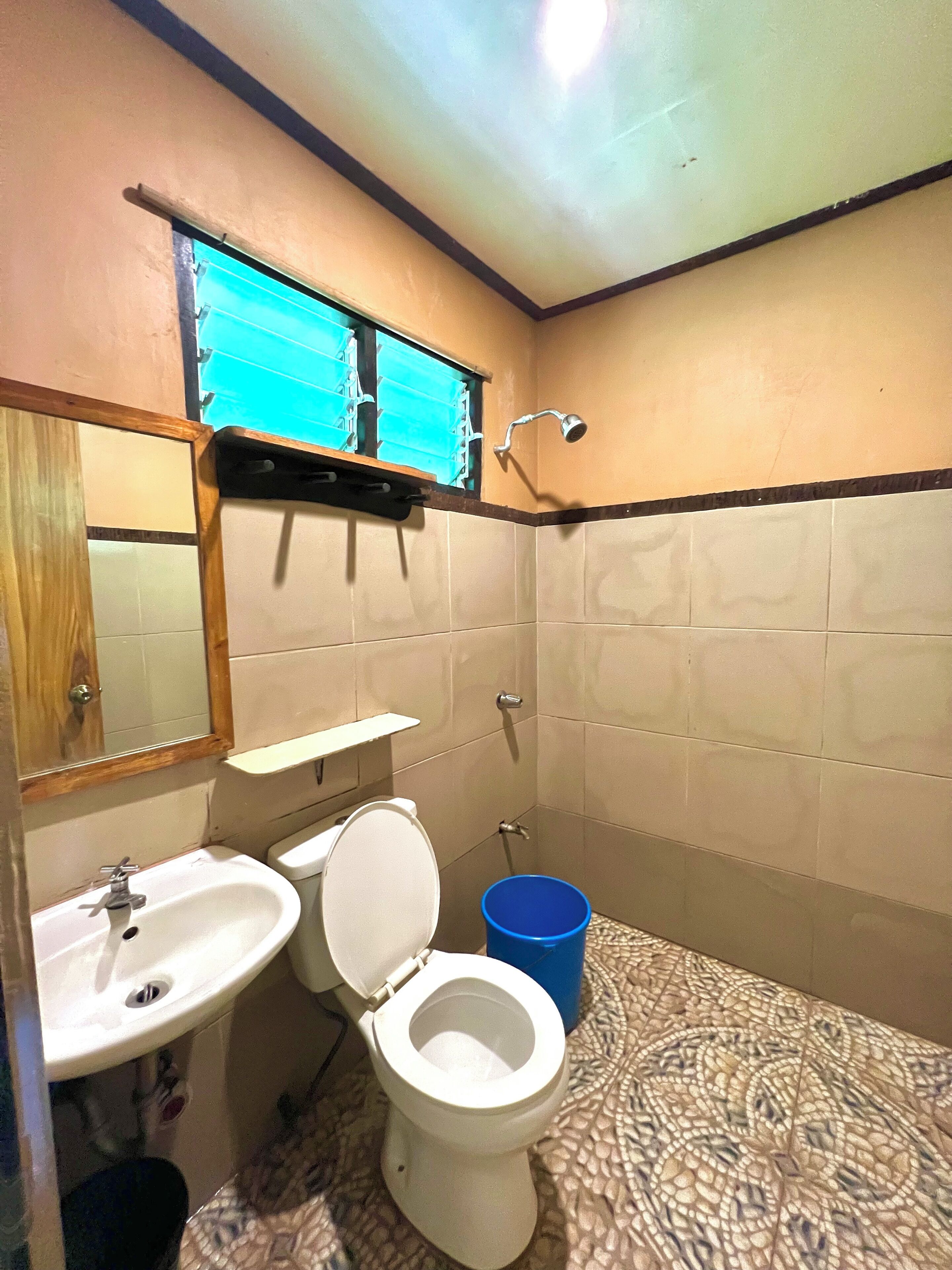 A bathroom with a toilet, sink, and shower.
