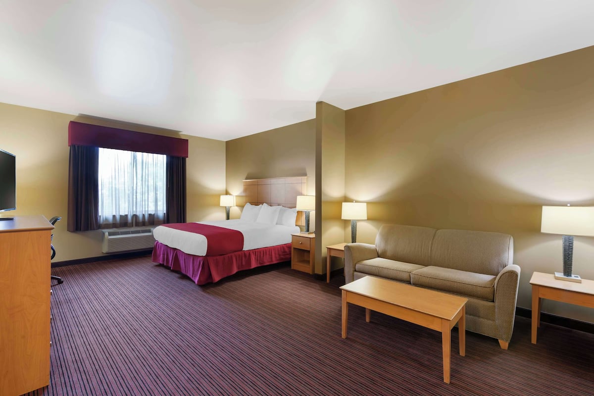 A hotel room with a bed, a sofa, a desk, and a TV.