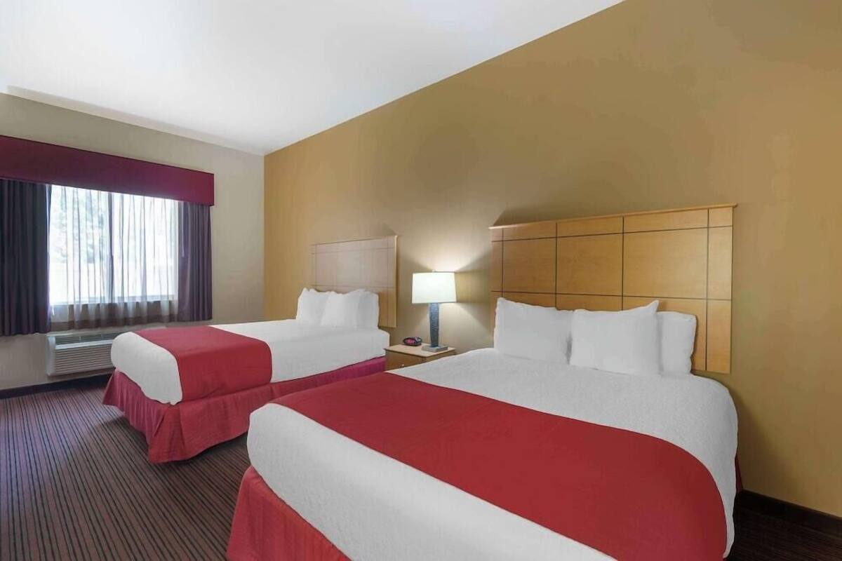 Ein Hotelzimmer mit zwei Betten, einem Nachttisch mit Lampe, einem Fenster mit Vorhängen und einem an der Wand befestigten Kopfteil.