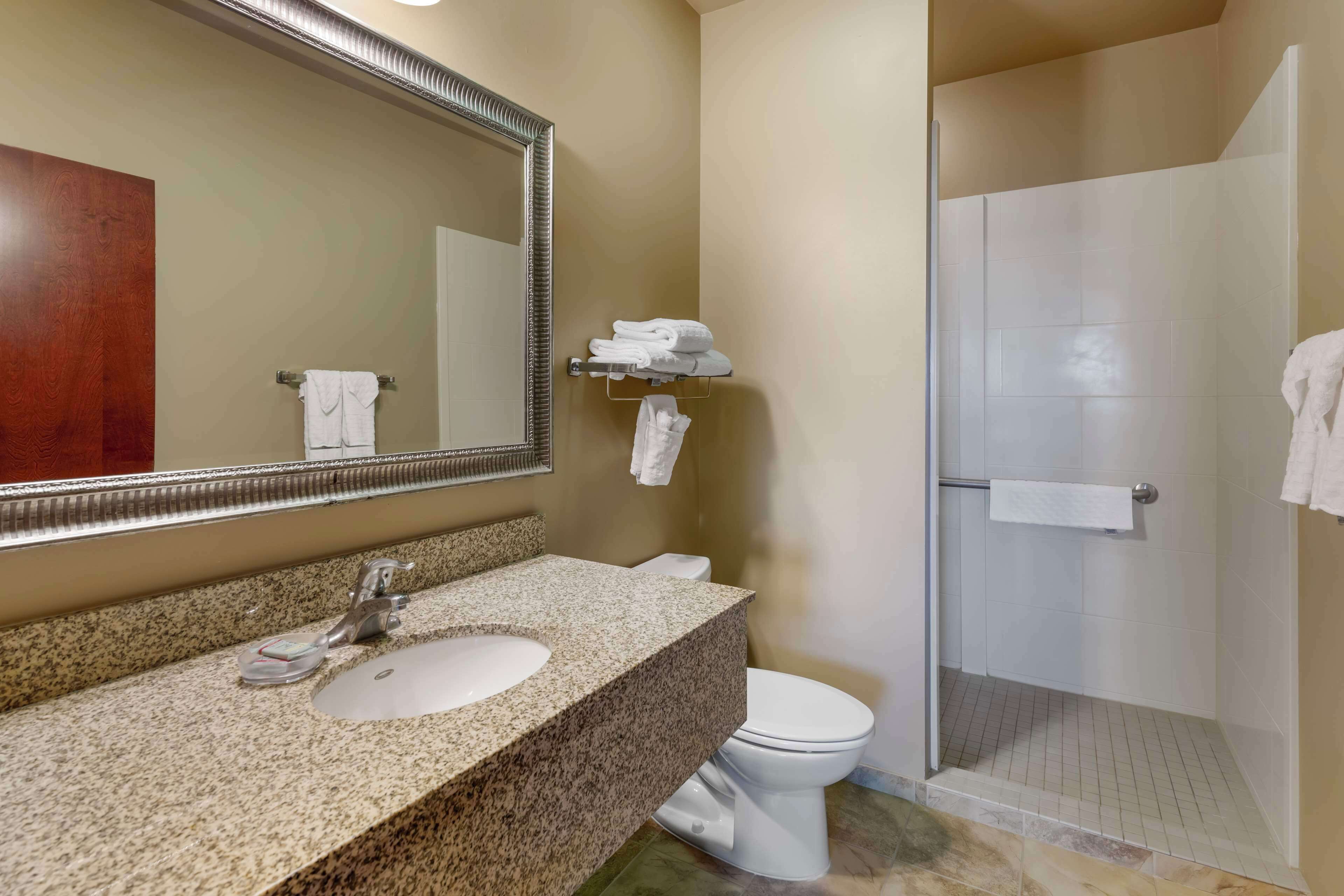 suite, 1 king bed, non smoking, refrigerator & microwave | bathroom | free toiletries, hair dryer, towels