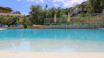 Seasonal outdoor pool, pool umbrellas, pool loungers