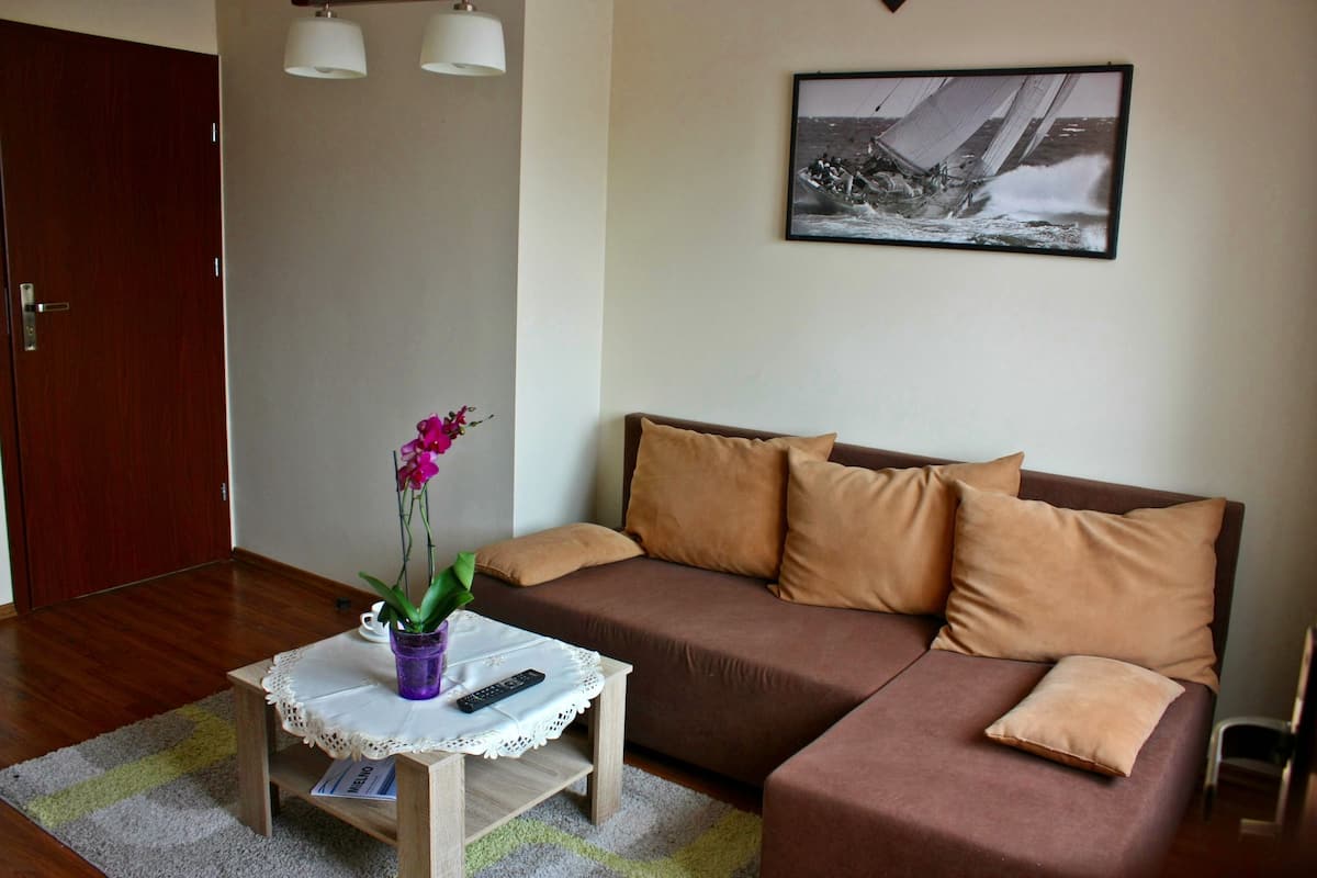 Un salón con un sofá marrón, una mesita con un control remoto y un cuadro en la pared.