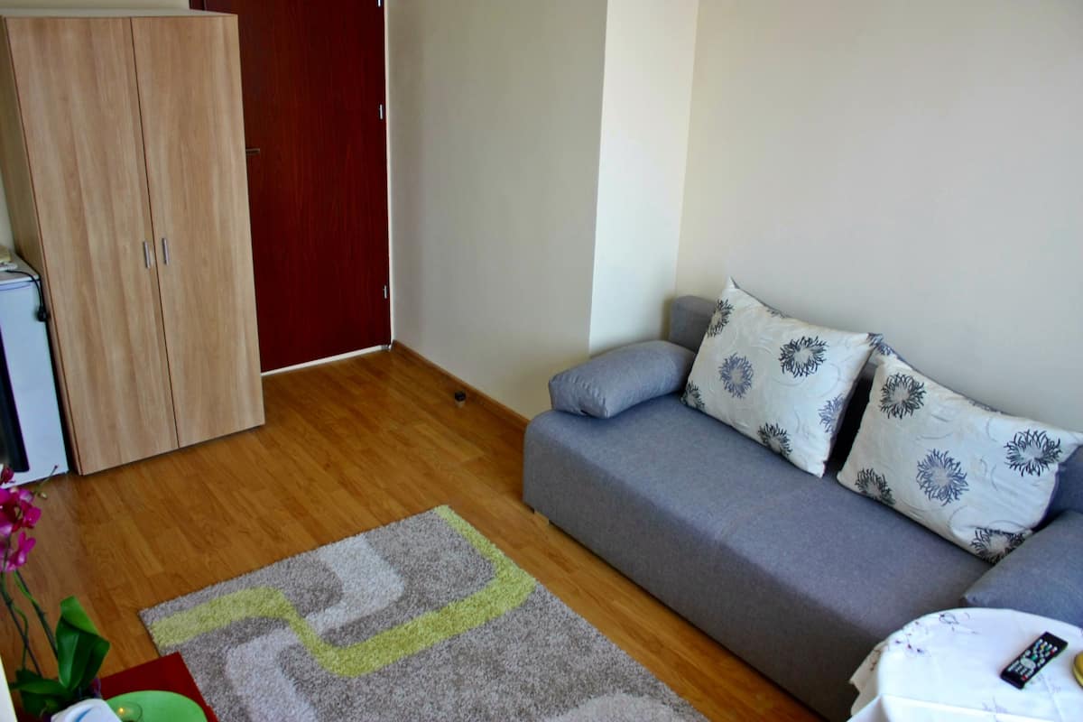 Una sala de estar con un sofá gris, cojines estampados, un armario de madera y una pequeña mesa con un control remoto.