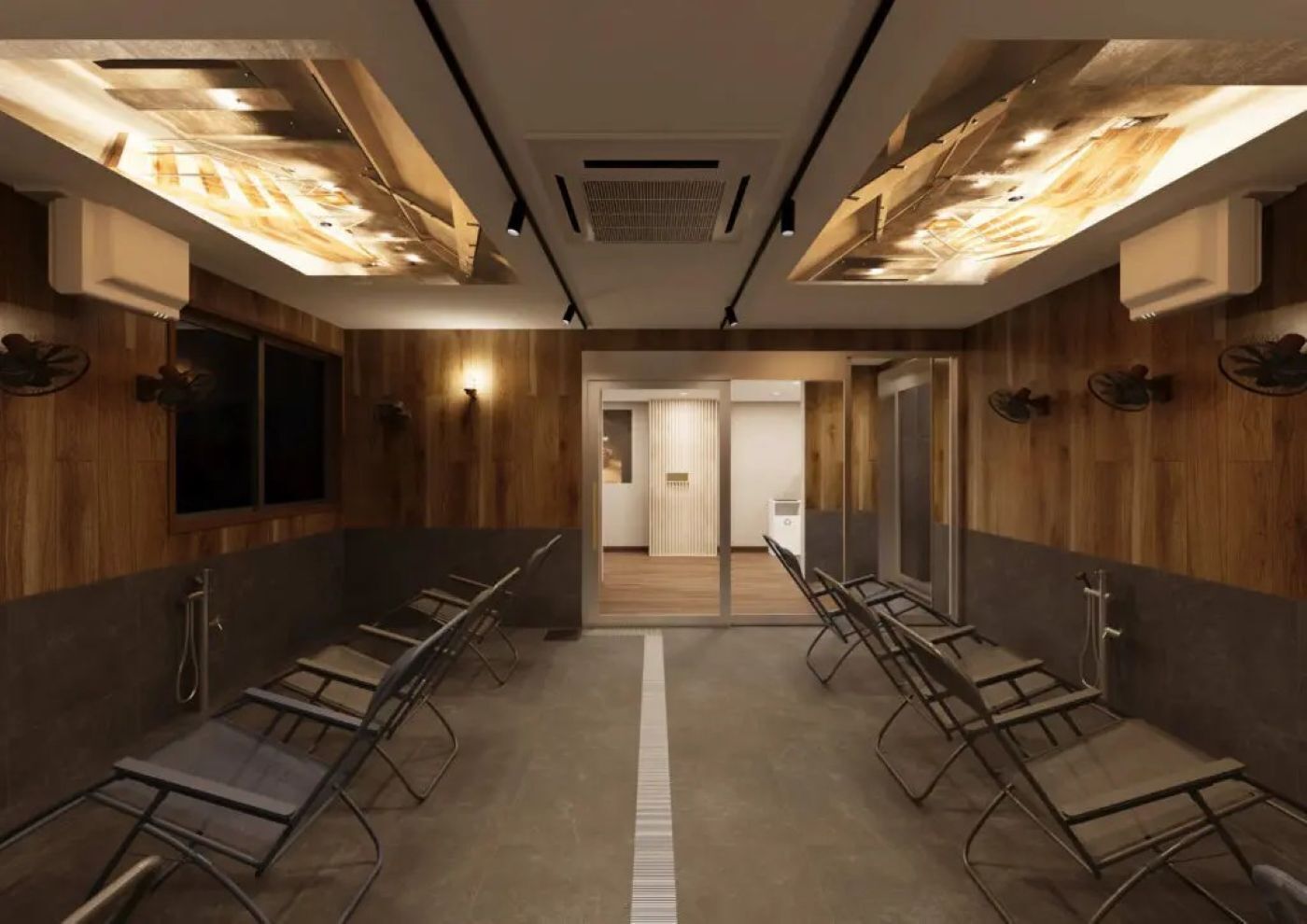 A modern restroom with wooden paneling, metal benches, and recessed lighting.