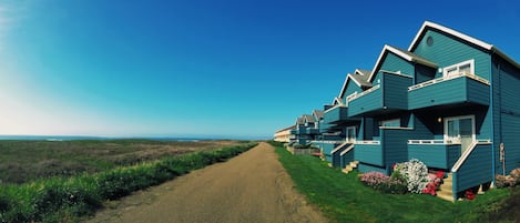 A row of blue houses with a gravel path leading to them, set against a coastal landscape.