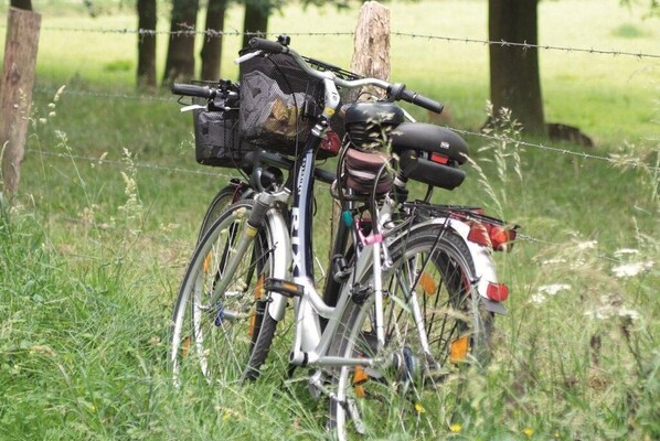 Una bicicleta con cesta y portaequipajes trasero, estacionada en un área con césped y una cerca de alambre de púas al fondo.