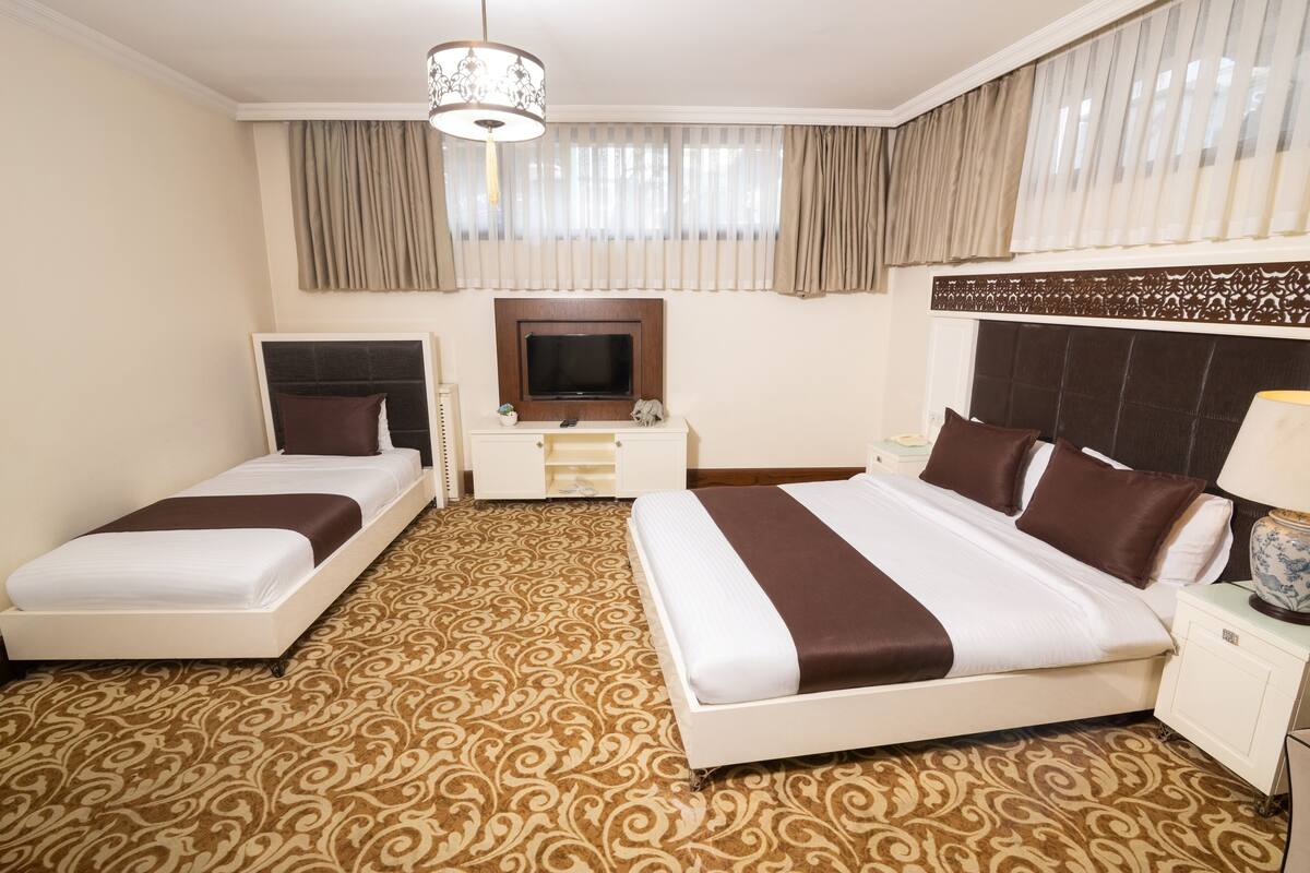 A hotel room with two beds, a television, a nightstand, and a patterned carpet.
