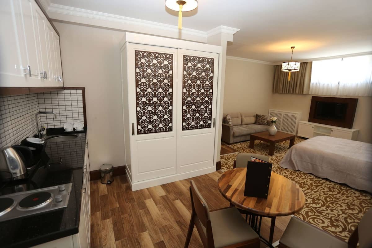 A compact hotel room with a kitchenette, a dining area, a sofa, a TV, and a patterned carpet.