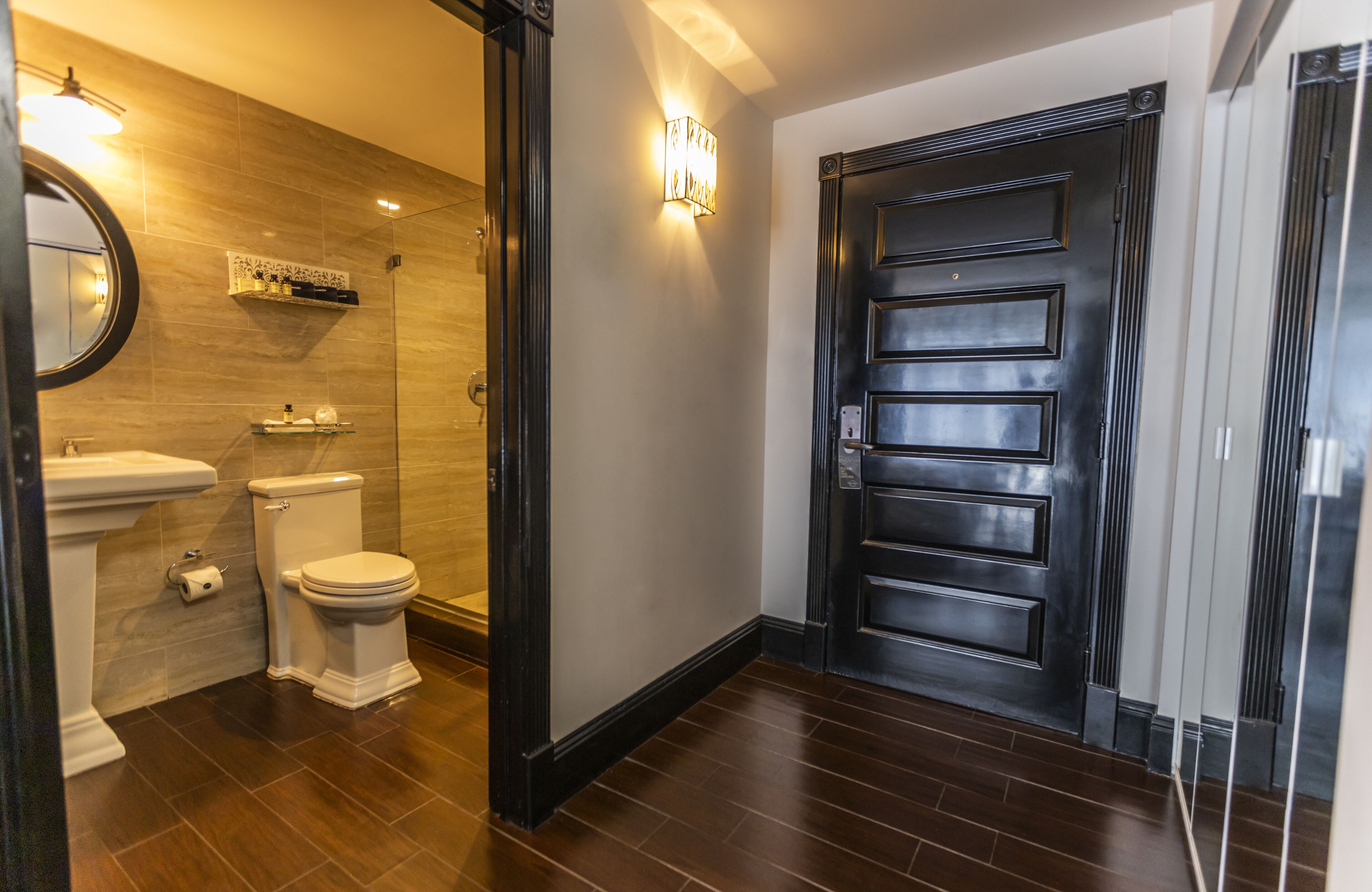 shower, rainfall showerhead, designer toiletries, hair dryer