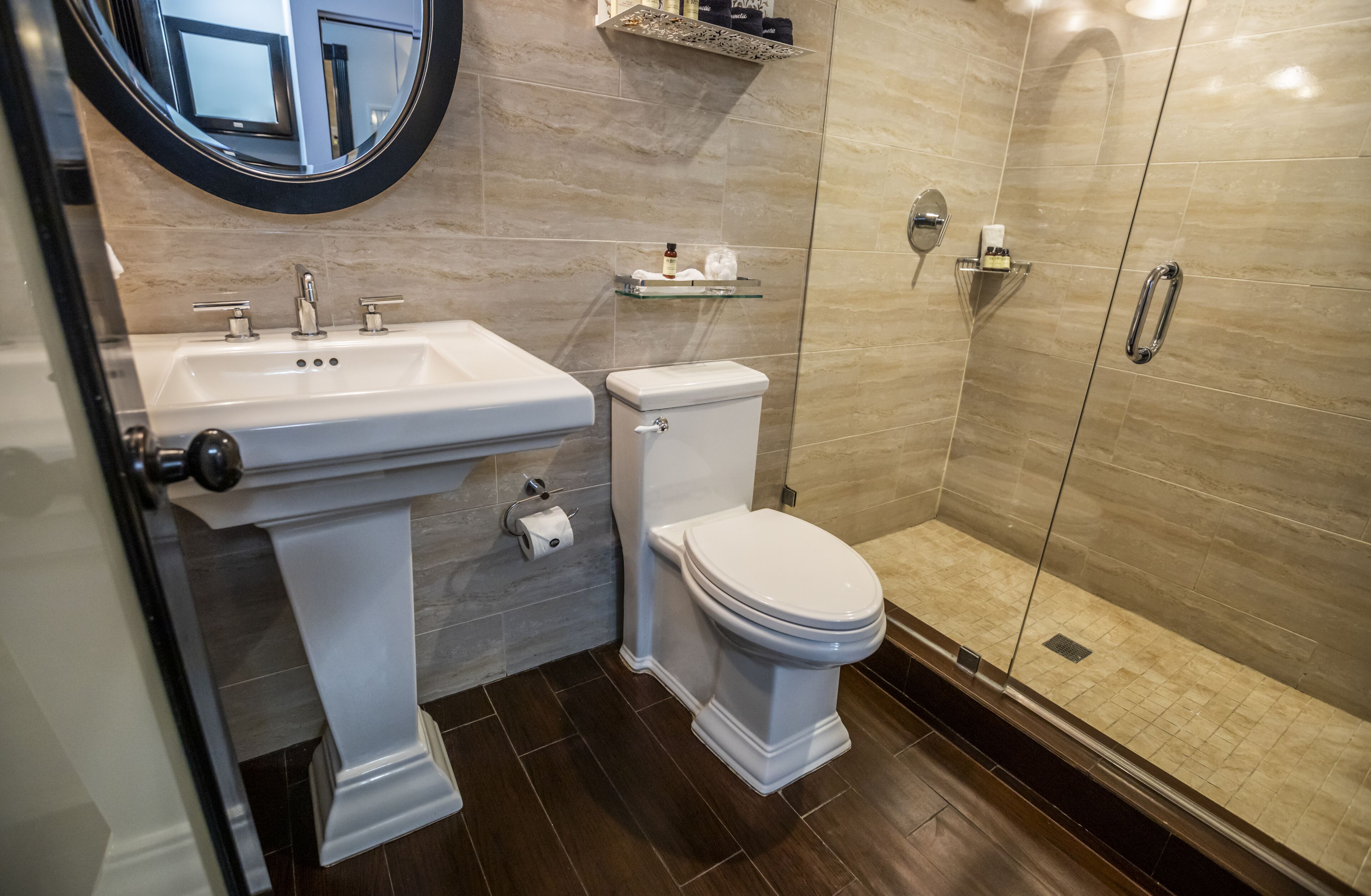 shower, rainfall showerhead, designer toiletries, hair dryer