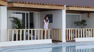 Zona de piscina con barandillas de madera, una puerta corredera de cristal y una planta en maceta.