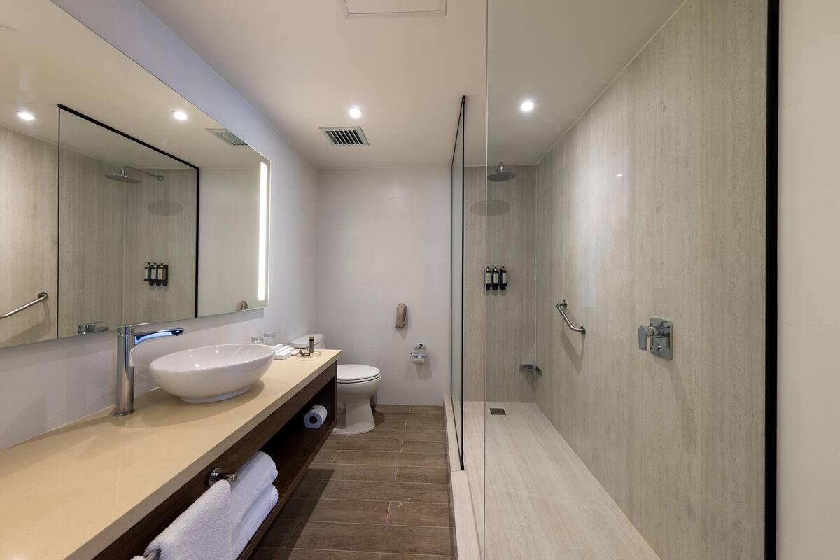 combined shower/bathtub, hair dryer, towels