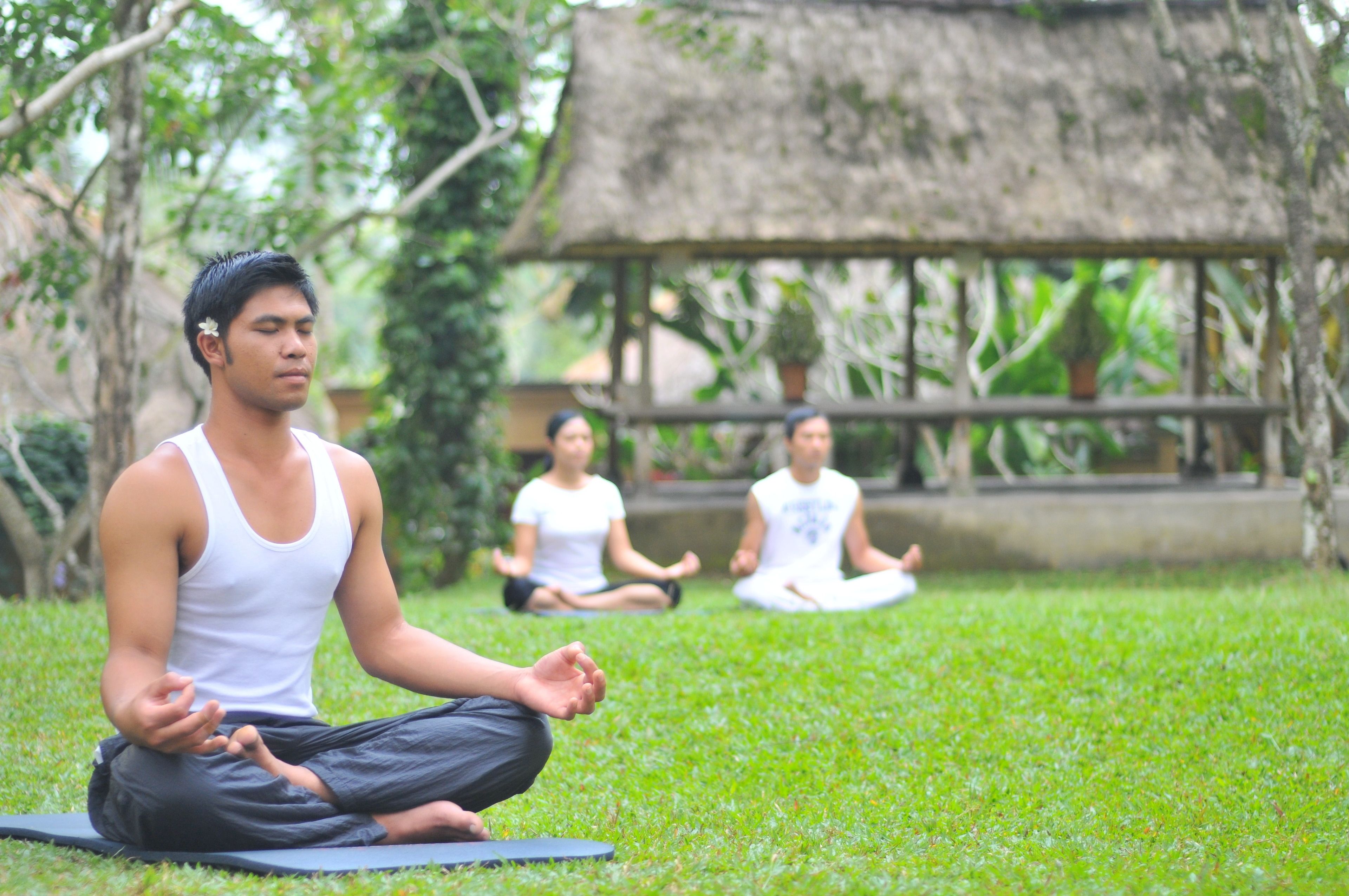 A group of people meditating on a grassy area with a thatched-roof structure in the background.