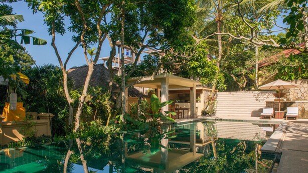 Una piscina infinita con borde de cristal, rodeada de exuberante vegetación y una terraza de piedra.