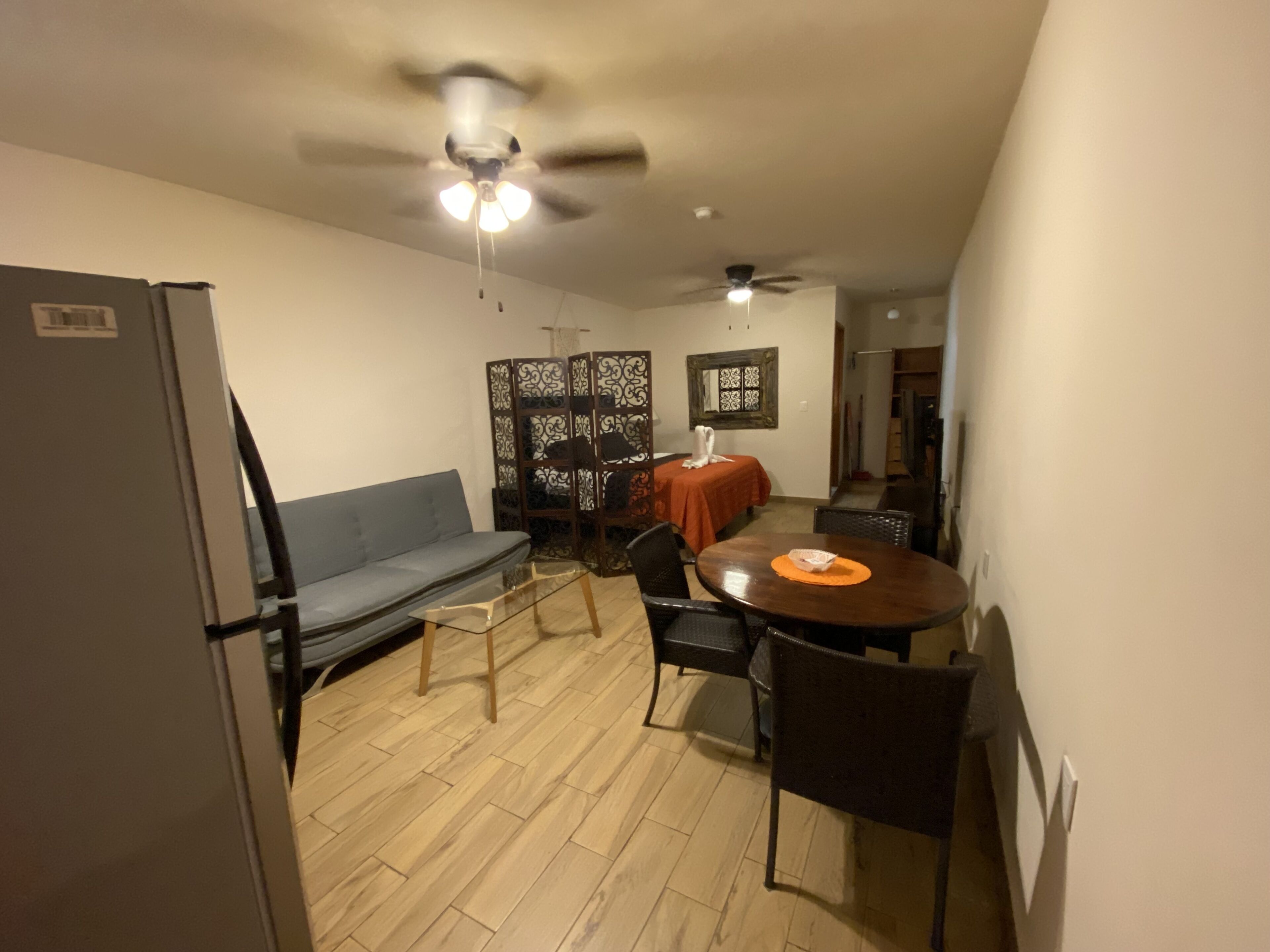 A compact living space with a kitchenette, a dining area with a table and chairs, a sofa, and a decorative partition.