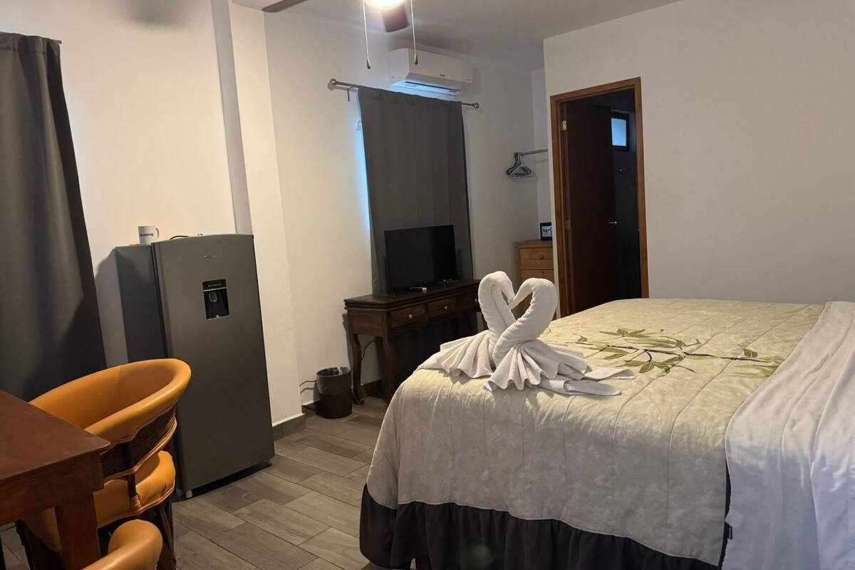 Una habitación de hotel con una cama, un escritorio con silla, televisión, refrigerador y ventilador de techo.