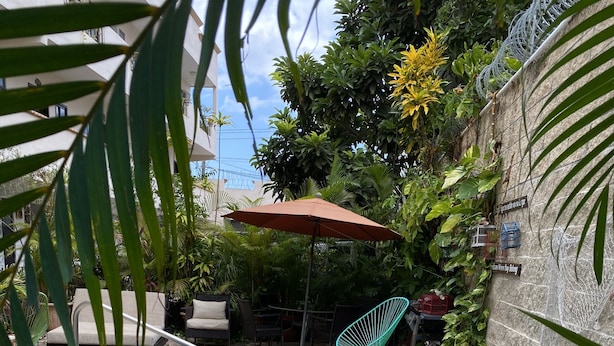A swimming pool with tiled edges, surrounded by greenery and a stone wall. - Suites Fenicia (Playa del Carmen)