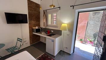 A compact kitchen with a microwave, sink, and a small refrigerator. There is a TV mounted on the wall, a chair, and a table with a patterned rug. A balcony with potted plants is visible through an open door.