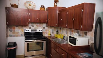 Cozinha com armários de madeira, forno de aço inoxidável, micro-ondas e pia.