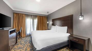 Una habitación de hotel con una cama grande, un escritorio, una silla, un televisor y una alfombra estampada.