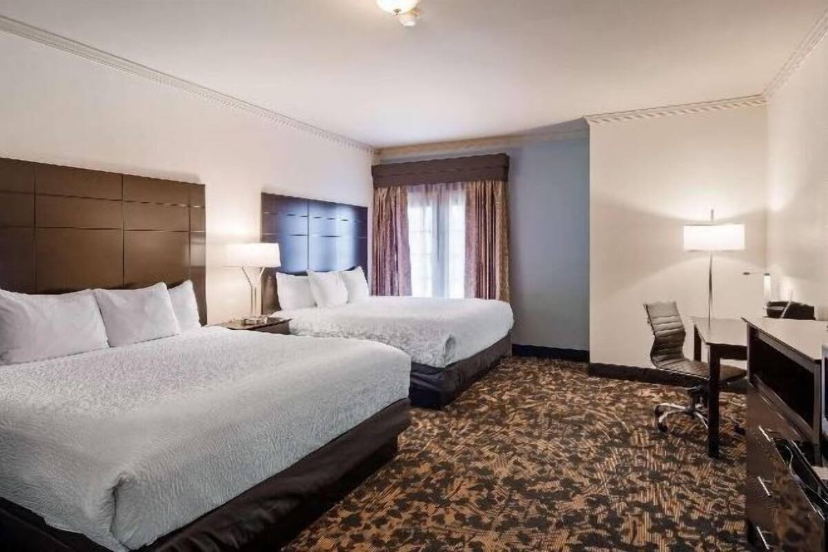 Pillowtop beds, desk, laptop workspace, iron/ironing board