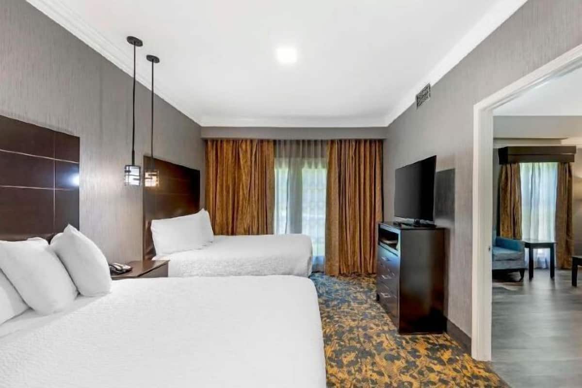 Pillowtop beds, desk, laptop workspace, iron/ironing board