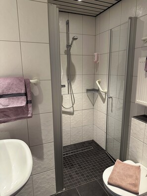 Shower, hair dryer, towels