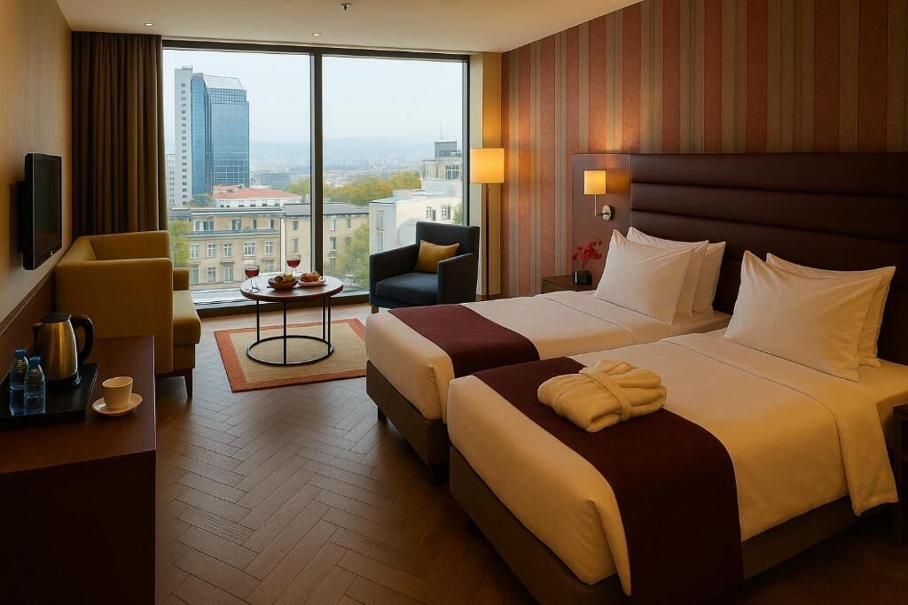 A hotel room with two beds, a desk with a coffee maker, a chair, and a large window with a city view.