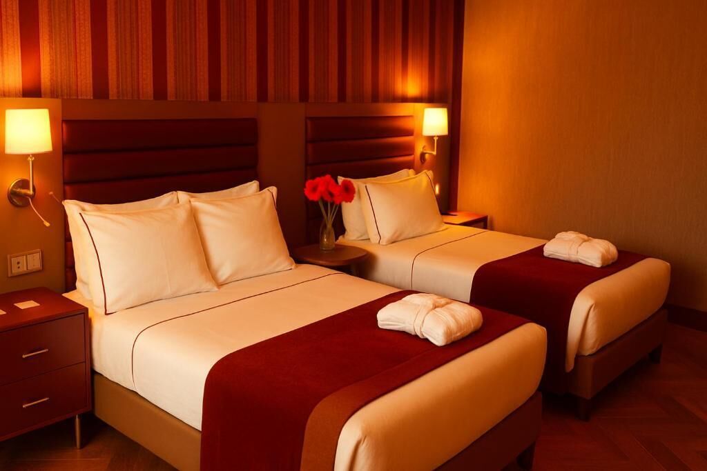 A hotel room with two beds, each with white linens and red accents, and bedside lamps.