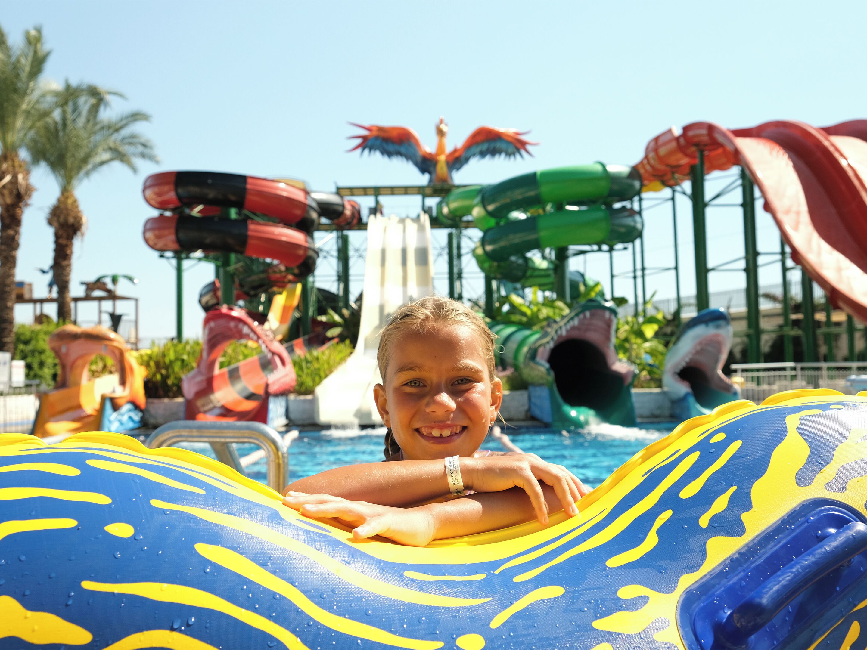 A water park with various water slides and a pool area.